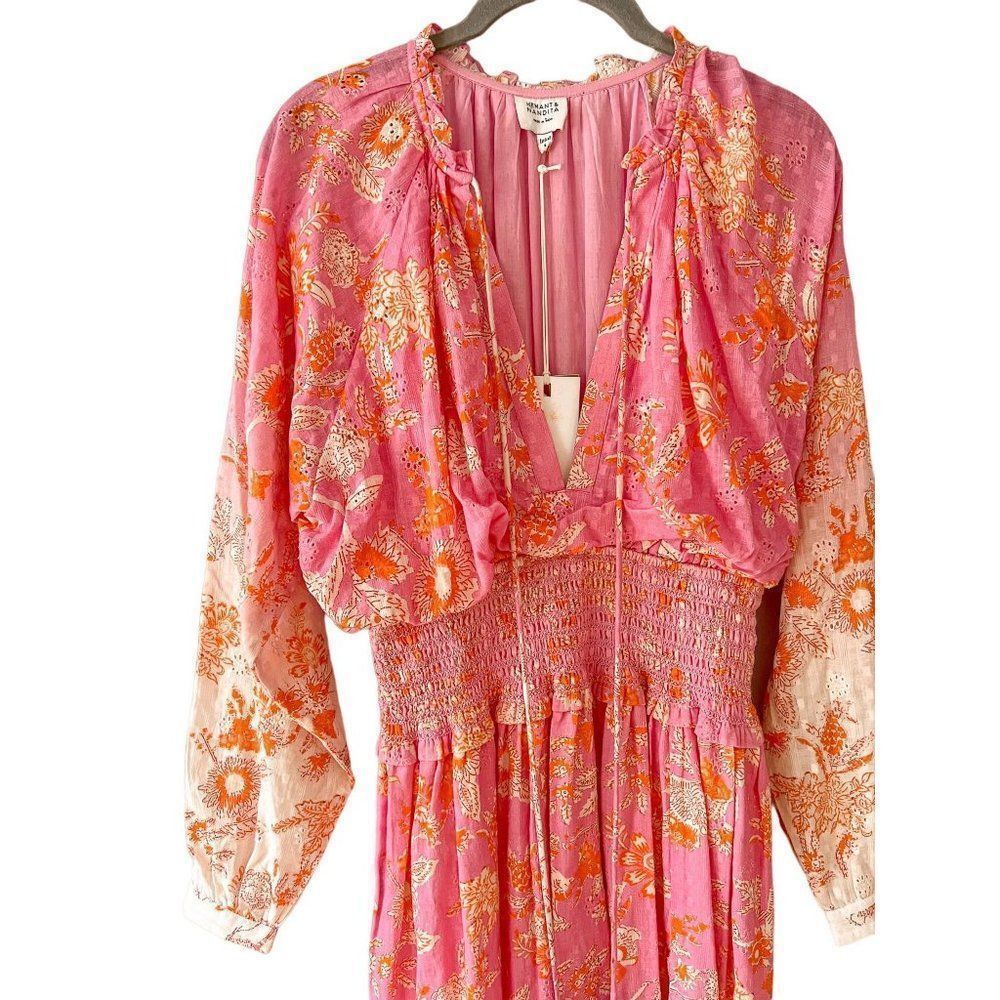NWT Hemant and Nandita Sidra Maxi Dress, Pink Cotton Long Sleeve Size Small - Picture 5 of 13
